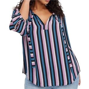 TORRID Easy Care Poly Striped Balloon Sleeve Blouse Split Vee Neck w/ Tie Sz 3X